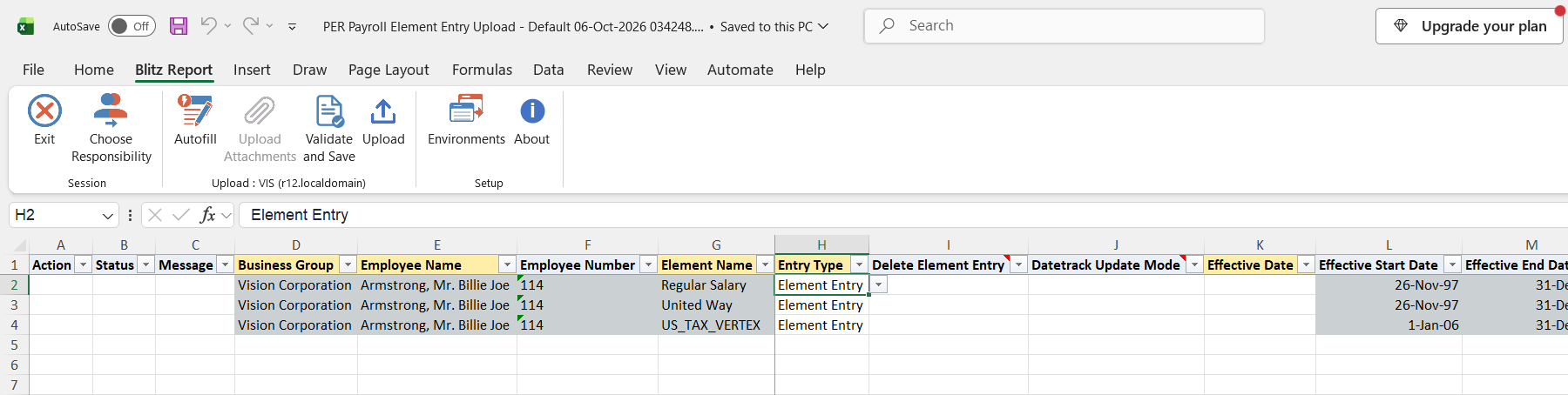 Excel file with the three current element entries of the employee: Regular Salary, United Way and US_TAX_VERTEX