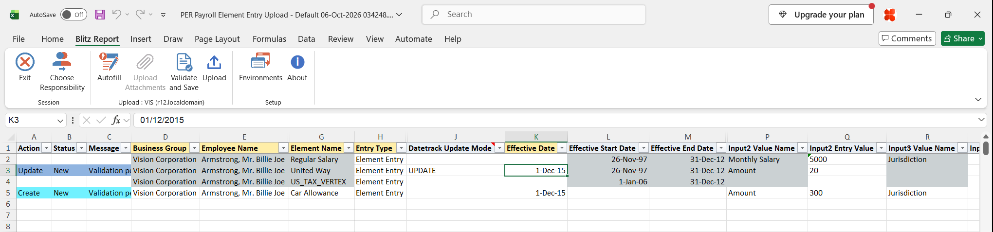Excel file with the United Way amount changed to 20 with Datetrack Update Mode UPDATE effective 1-Dec-15, marked Update, and a new Car Allowance entry of 300, marked Create