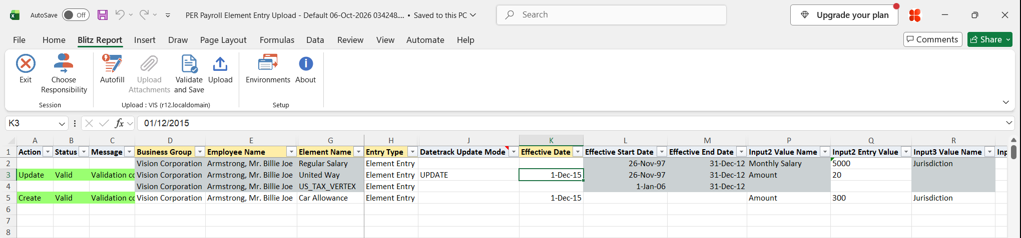 Both edited rows show status Valid after Validate and Save