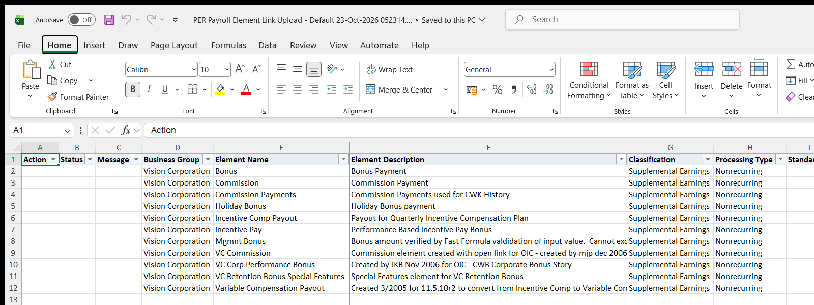 PER Payroll Element Link Upload downloaded Excel file