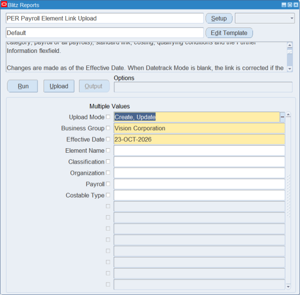 PER Payroll Element Link Upload run screen
