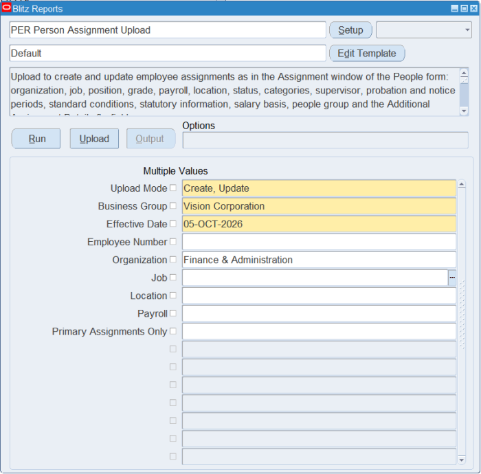 Blitz Report run screen for PER Person Assignment Upload with Business Group, Effective Date and Organization filter