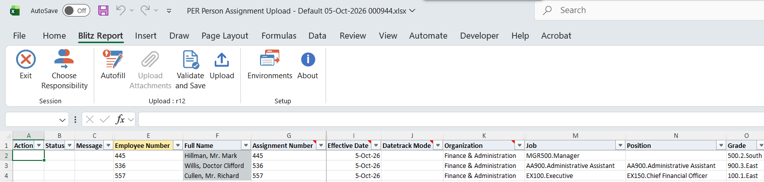 Downloaded assignments with employee number, assignment number, effective date, organization, job, position and grade
