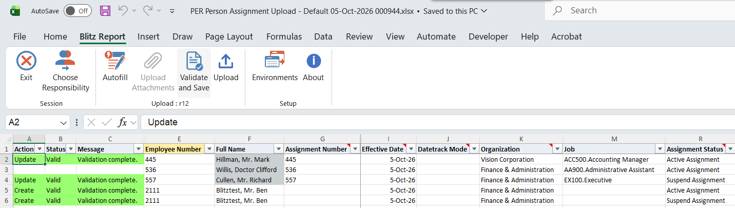 Assignment rows with Status Valid and Message Validation complete
