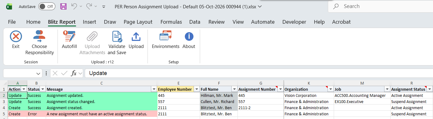 Upload result with Assignment updated, Assignment status changed, Assignment created and one error row