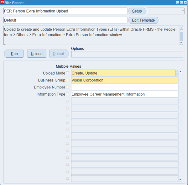 Blitz Report run screen for PER Person Extra Information Upload with Upload Mode Create, Update, Business Group Vision Corporation and Information Type Employee Career Management Information