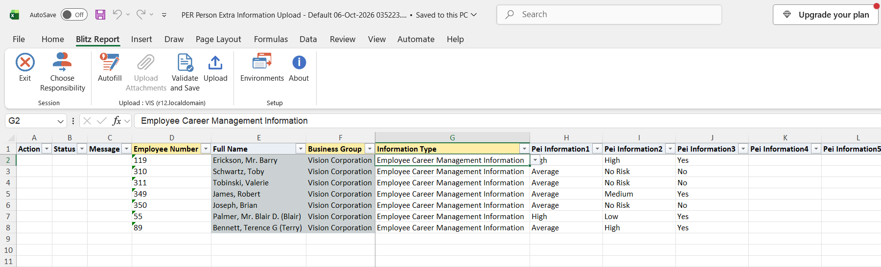 Excel file with the seven existing Employee Career Management Information records of Vision Corporation employees, with Succession Potential, Risk of Loss and Key Person in Pei Information1 to 3