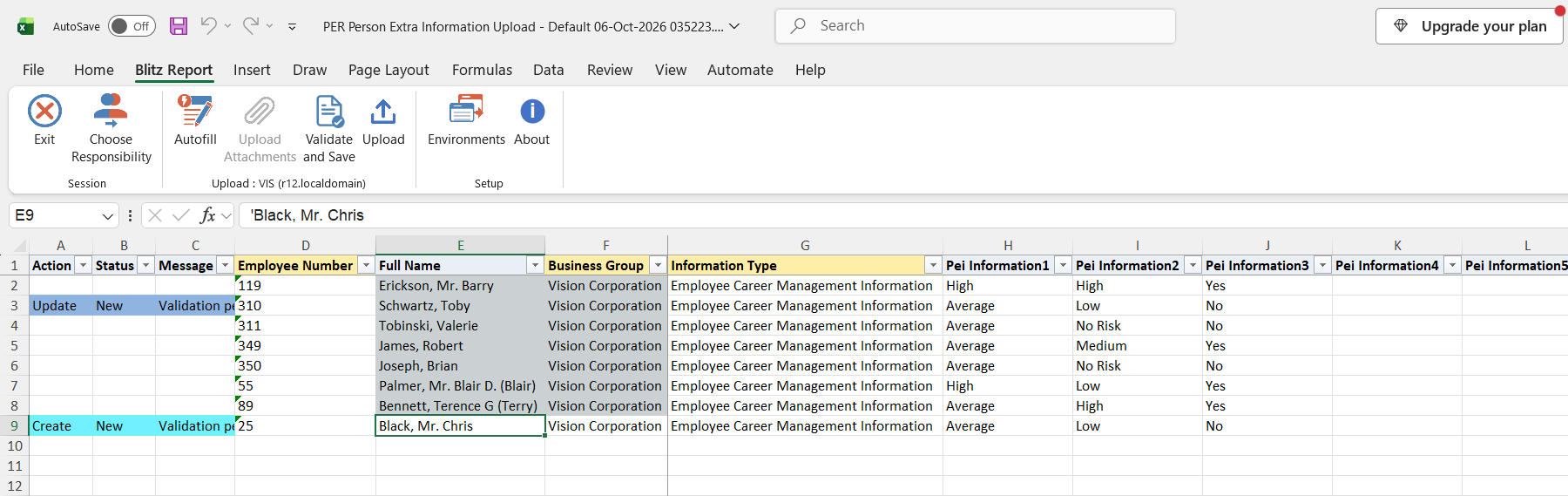 Excel file with Risk of Loss of employee 310 changed to Low, marked Update, and a new record for employee 25 added, marked Create