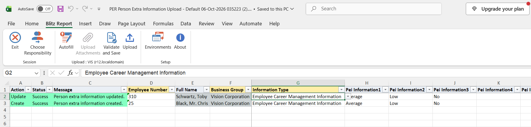 Result report showing the updated record of employee 310 and the created record of employee 25 with status Success