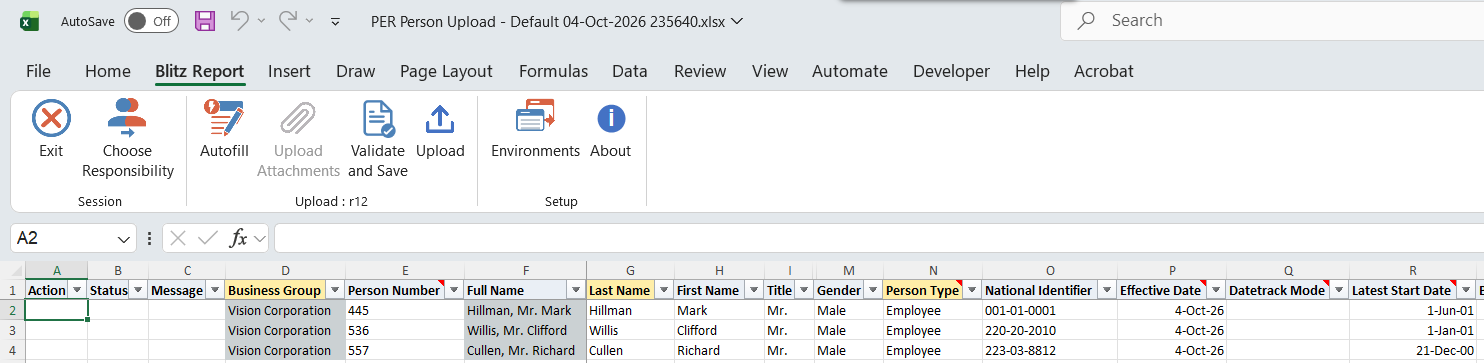 Downloaded PER Person Upload workbook with person number, names, person type, effective date and latest start date