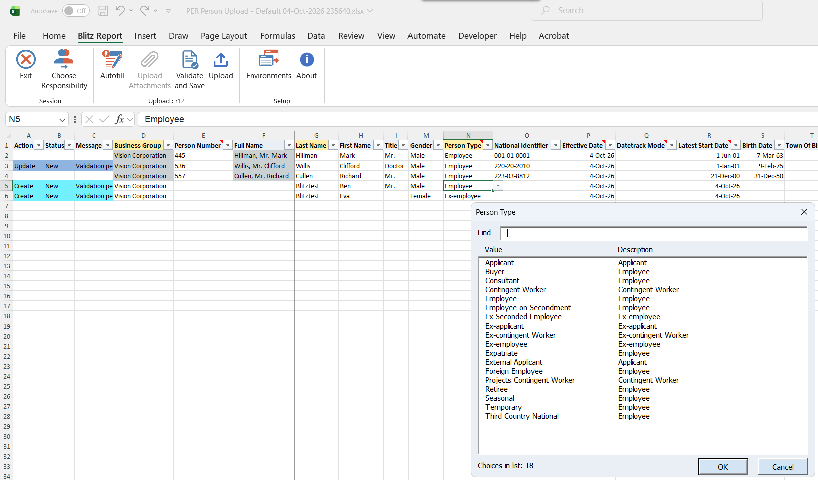 New employee rows, a changed downloaded row and the Person Type list of values open