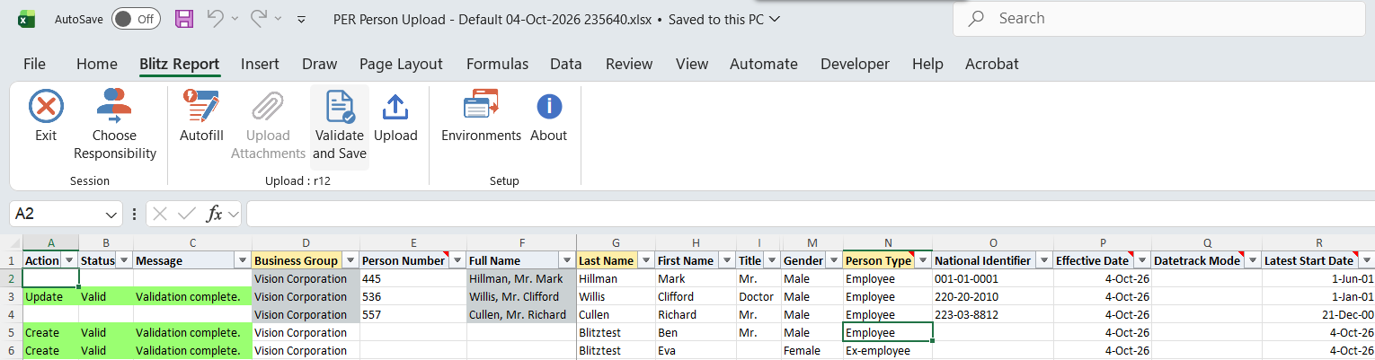 Edited and new rows with Status Valid and Message Validation complete