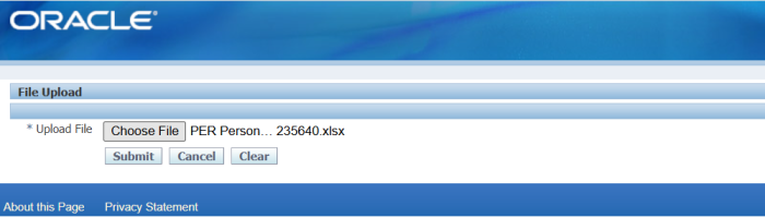 File Upload page with the saved PER Person Upload workbook selected