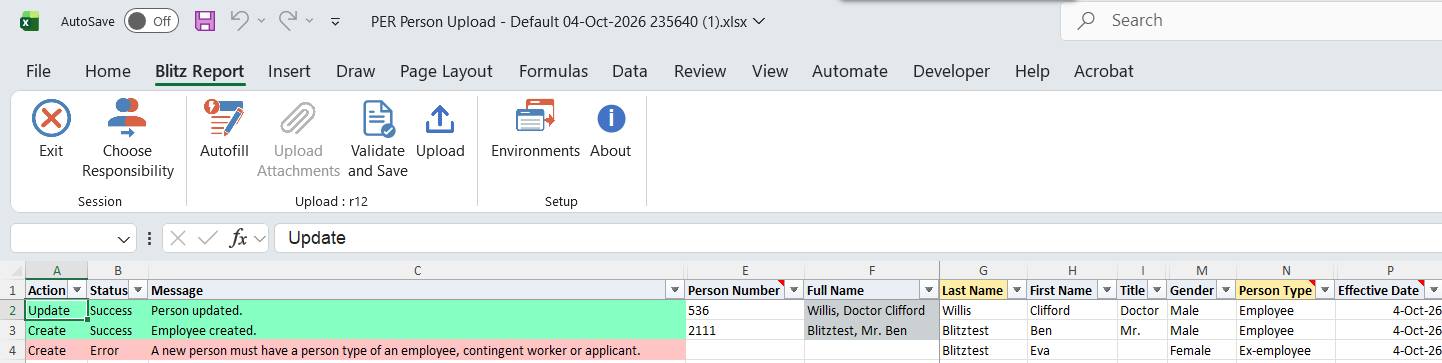 Upload result with Person updated, Employee created with generated person number and one error row