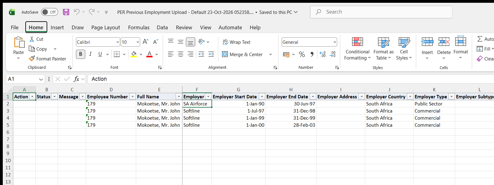 PER Previous Employment Upload downloaded Excel file