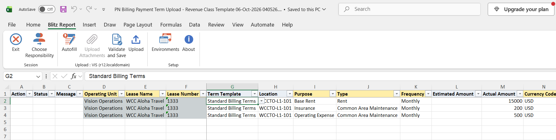Excel file with the three billing terms of lease WCC Aloha Travel: Base Rent, Insurance and Operating Expense