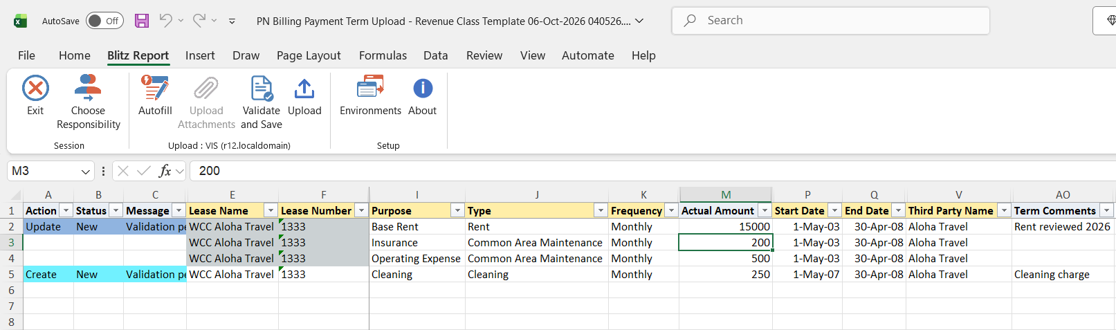 Excel file with the term comments of the Base Rent term changed, marked Update, and a new monthly Cleaning term added, marked Create