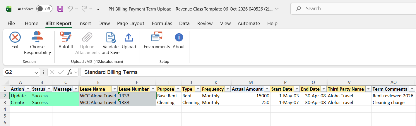 Result report showing the updated Base Rent term and the created Cleaning term with status Success
