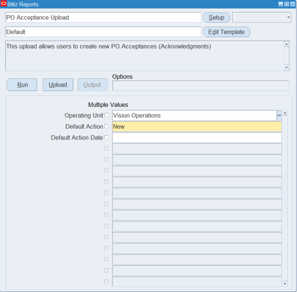 Blitz Report run screen for PO Acceptance Upload with Operating Unit Vision Operations and Default Action New