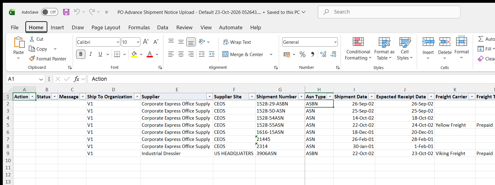 PO Advance Shipment Notice Upload downloaded Excel file