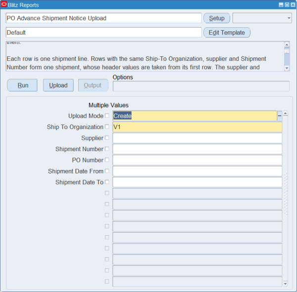 PO Advance Shipment Notice Upload run screen