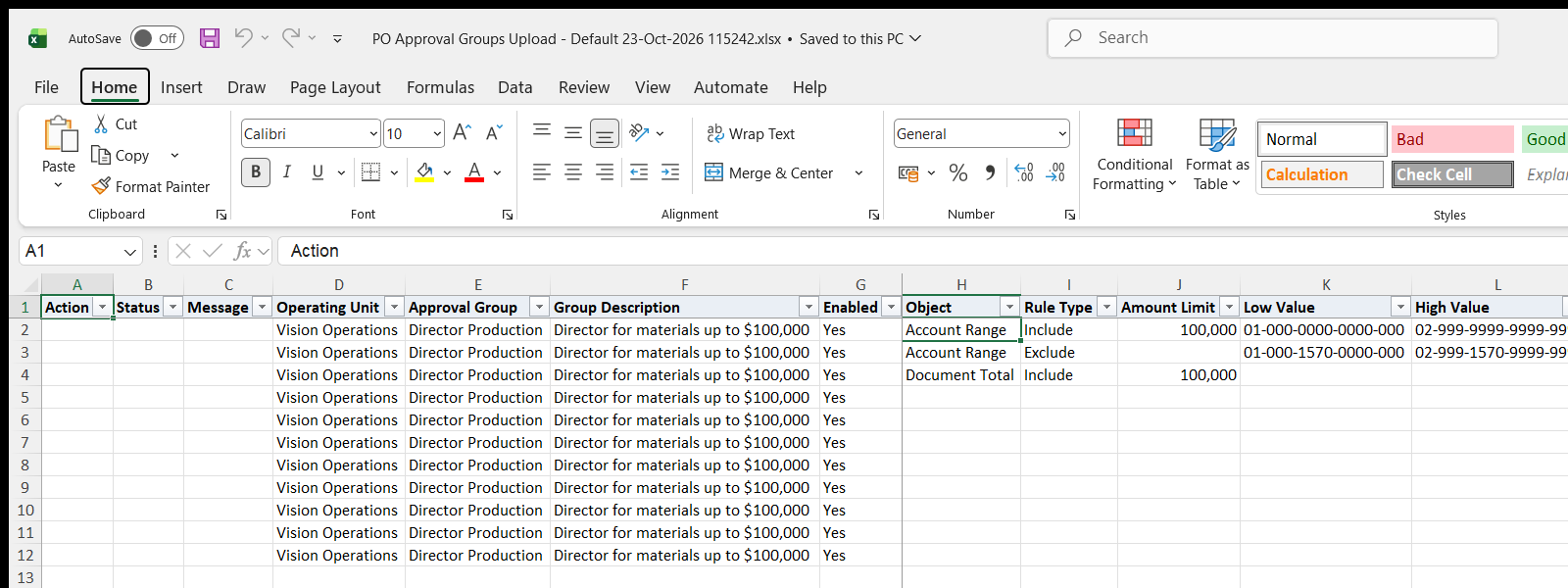 PO Approval Groups Upload downloaded Excel file