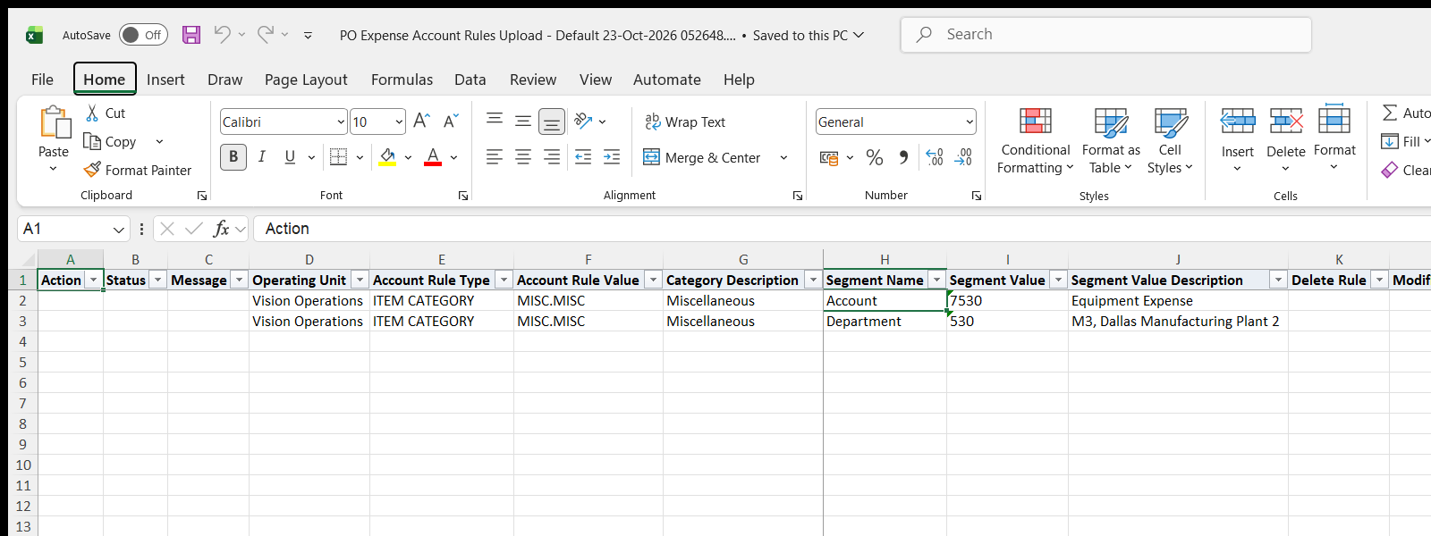PO Expense Account Rules Upload downloaded Excel file