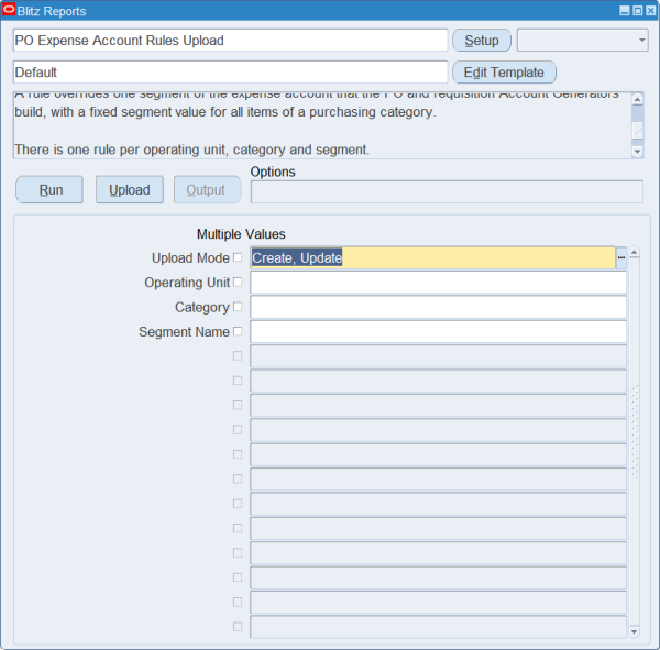 PO Expense Account Rules Upload run screen