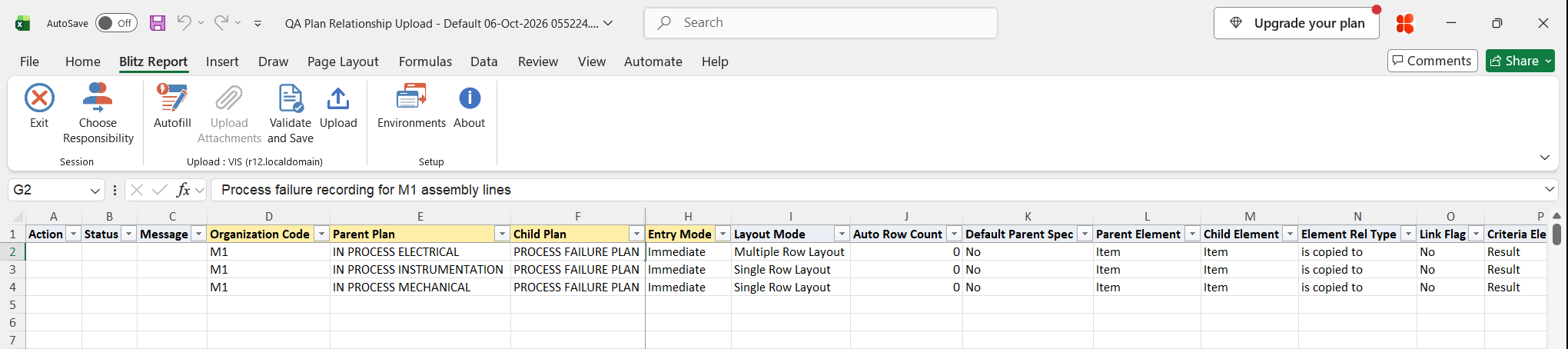 Excel file with the three existing relationships of child plan PROCESS FAILURE PLAN, each with an Item element relationship and a Result criterion