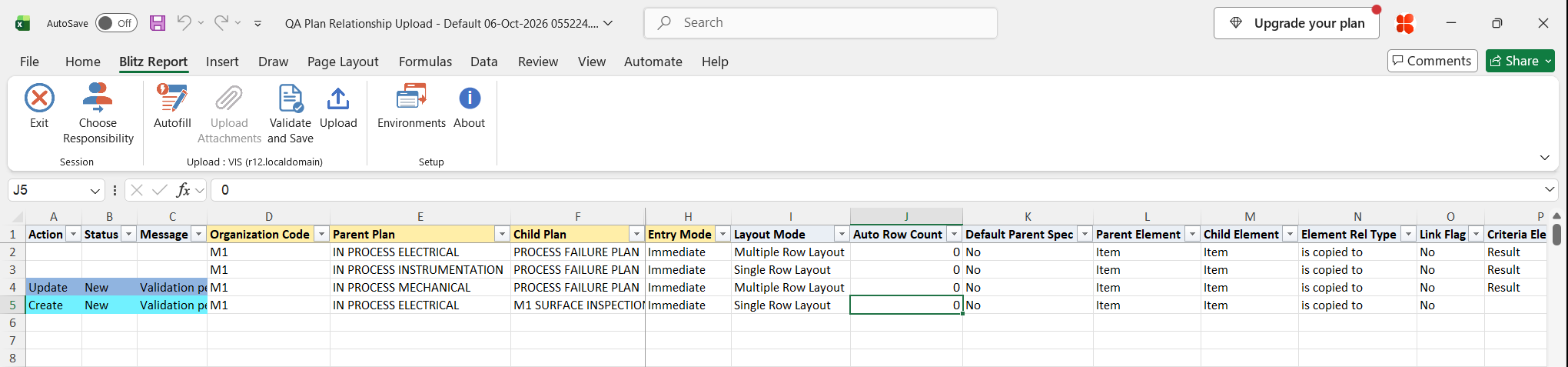 Excel file with the layout mode of IN PROCESS MECHANICAL changed, marked Update, and a new relationship from IN PROCESS ELECTRICAL to M1 SURFACE INSPECTION with an Item element relationship, marked Create