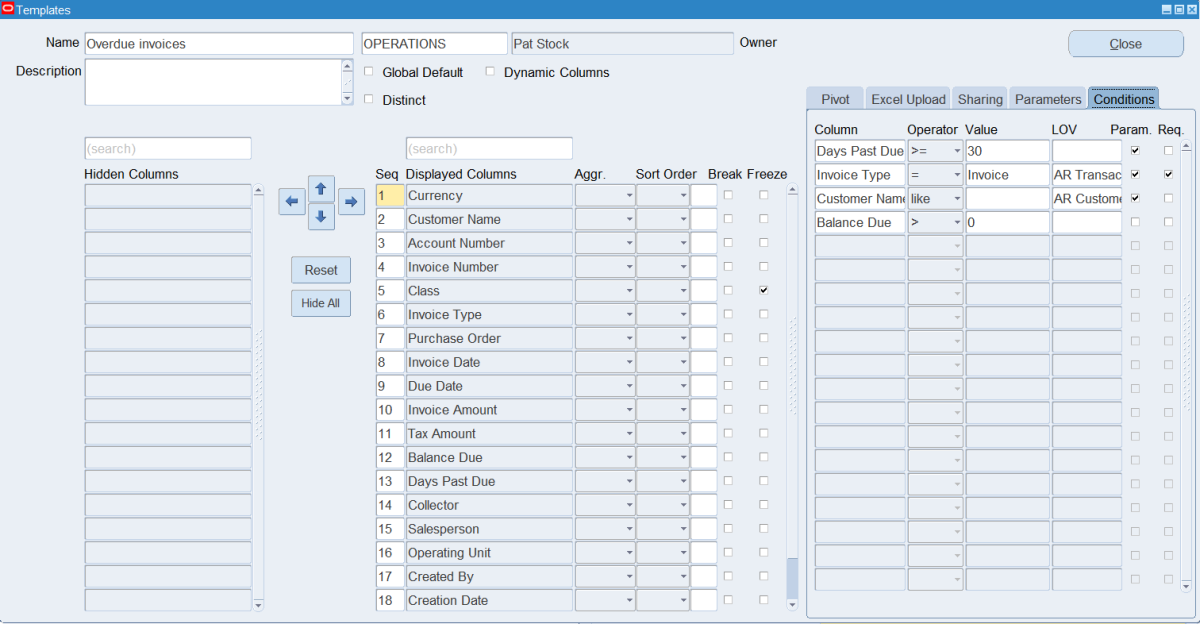 Templates window with template conditions on the Conditions tab