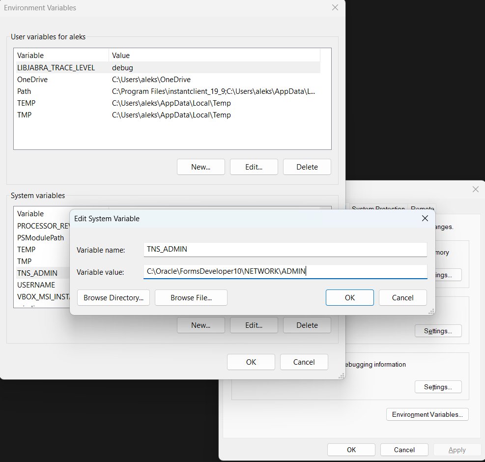 Windows 11 Edit System Variable dialog creating TNS_ADMIN pointing to C:OracleFormsDeveloper10NETWORKADMIN