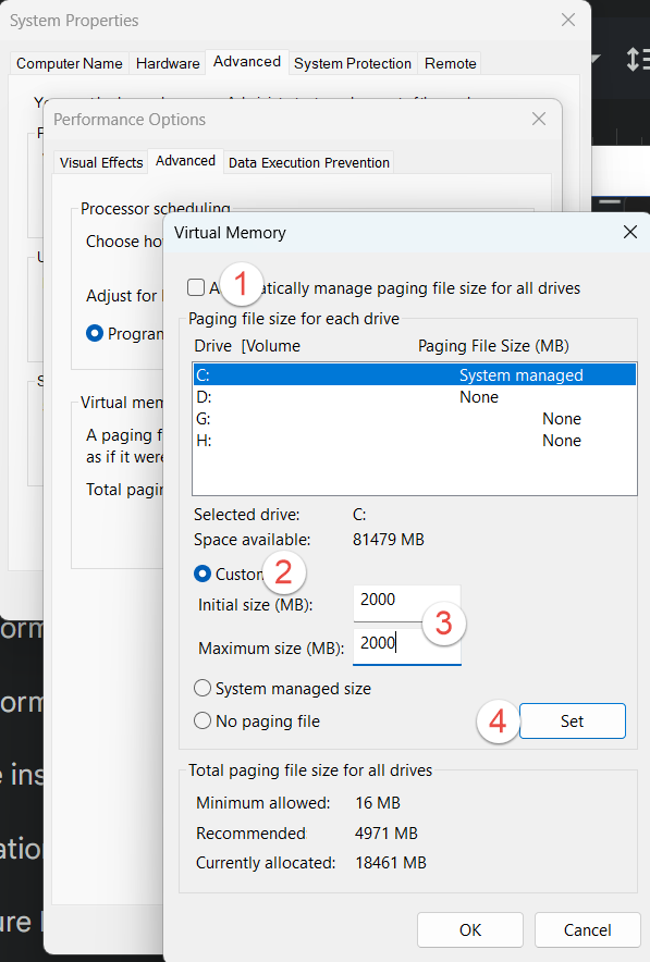 Windows 11 Virtual Memory dialog with a custom paging file size set for drive C