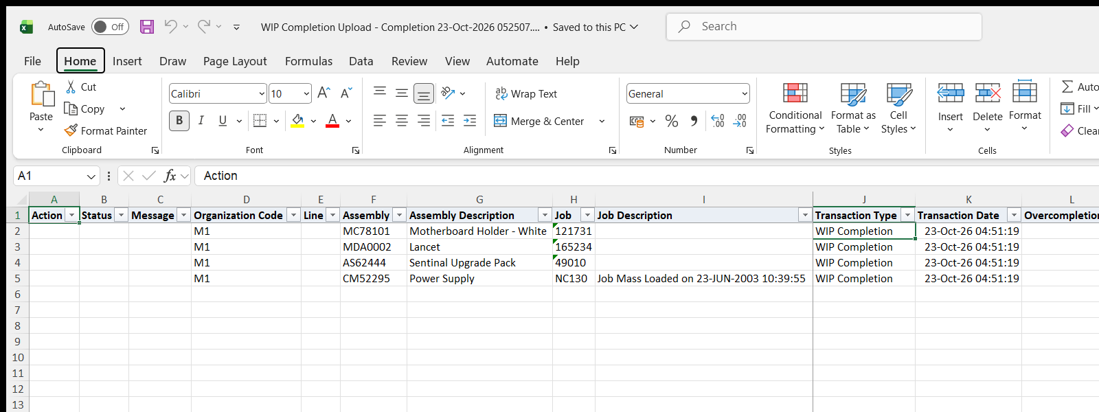 WIP Completion Upload downloaded Excel file