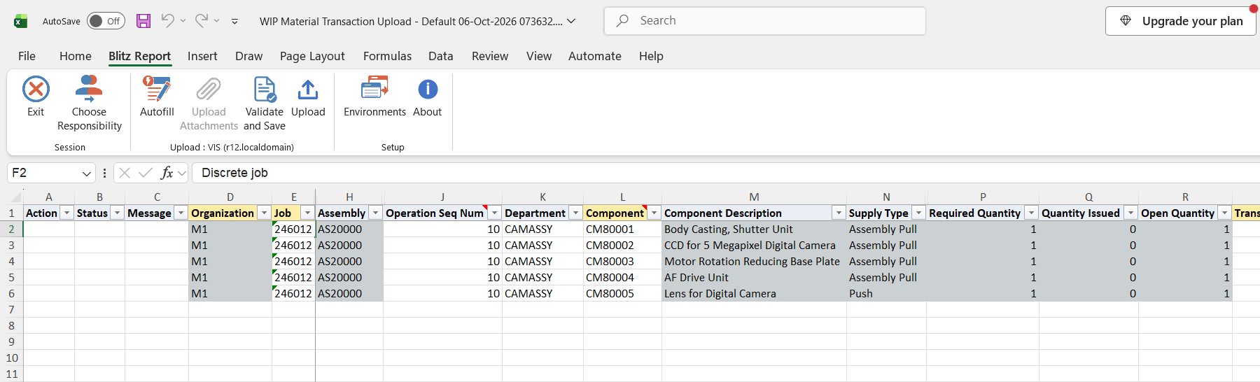 Excel file with the five open component requirements of released job 246012 for assembly AS20000, with supply subinventory RIP