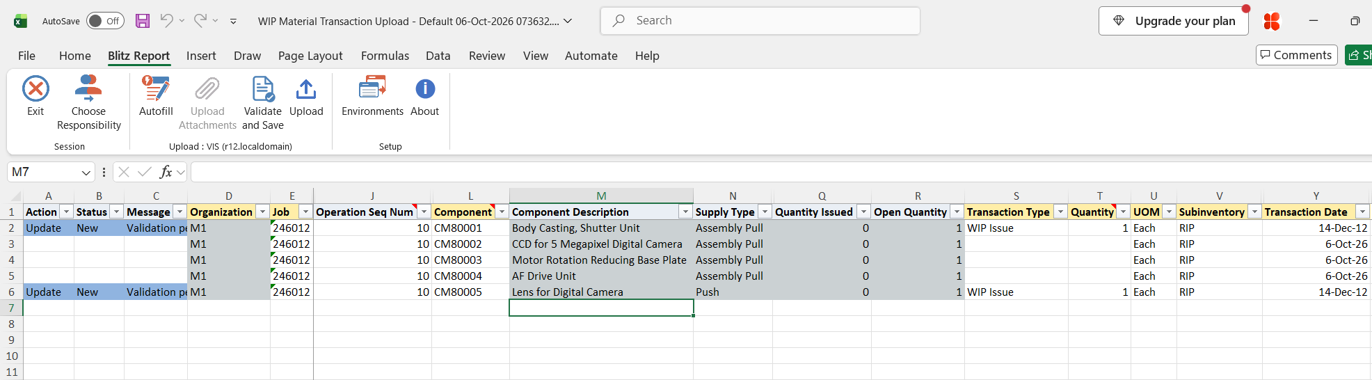 Excel file with Transaction Type WIP Issue, Quantity 1 and Transaction Date 14-Dec-2012 entered for components CM80001 and CM80005, both rows marked for upload