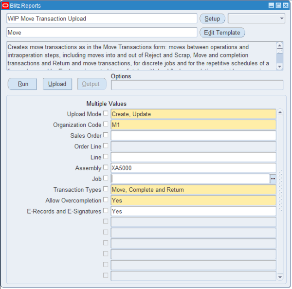 Blitz Report run screen of WIP Move Transaction Upload with template Move and Upload Mode Create, Update