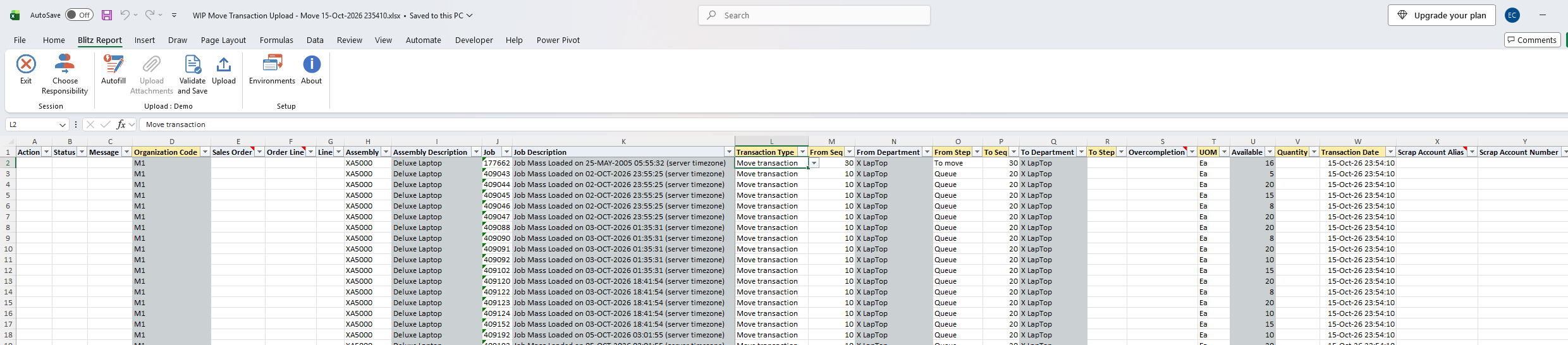 Downloaded workbook listing the operation steps of the selected jobs that hold a quantity