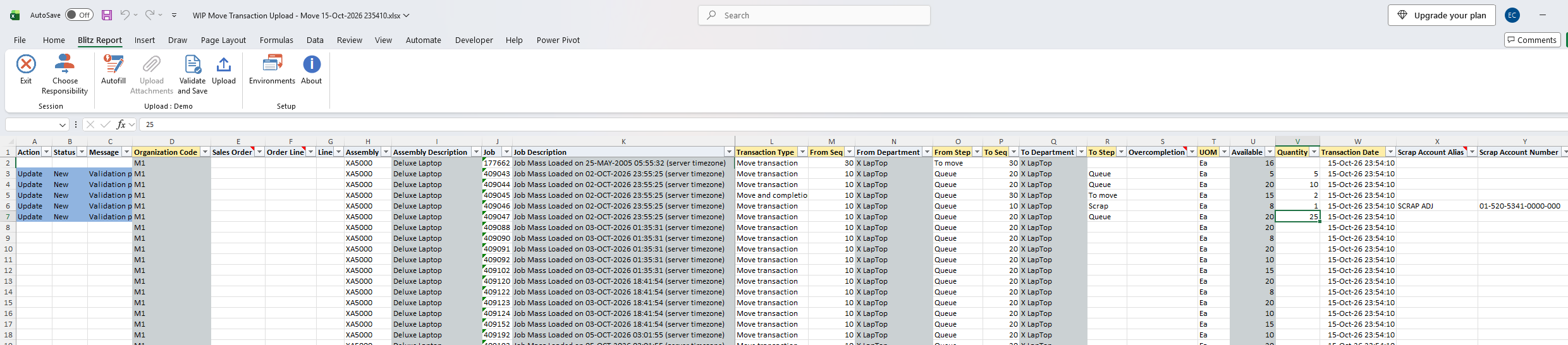 Moves entered: To Step and Quantity on queue moves, a Move and completion row and a move to Scrap with a scrap account alias