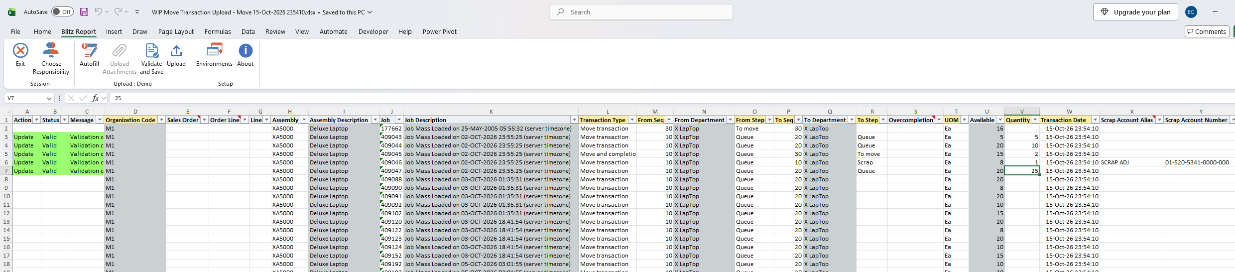 Edited rows with Status Valid after Validate and Save