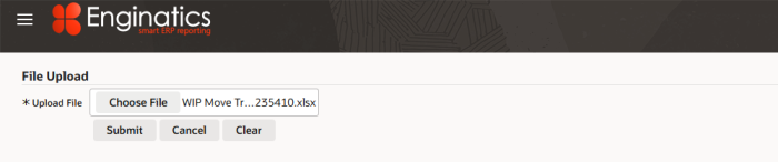 File Upload page with the saved workbook selected