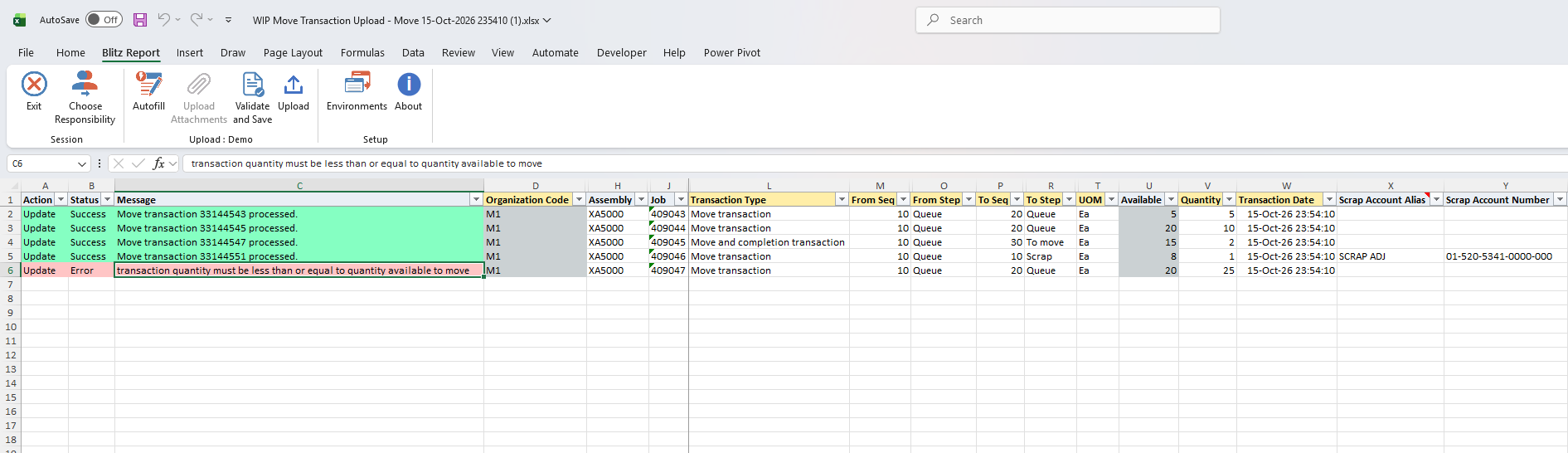 Result report with the posted move transaction numbers on the Success rows and the reason on the Error row