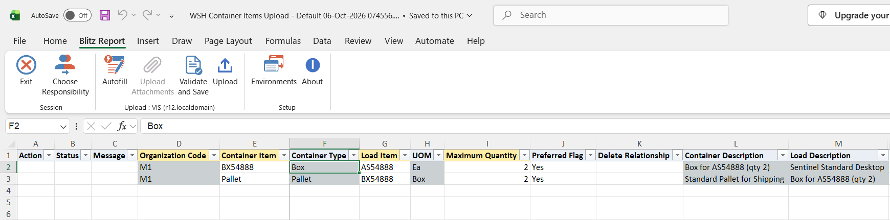 Excel file with the two existing container-item relationships of organization M1, BX54888 containing AS54888 and Pallet containing BX54888