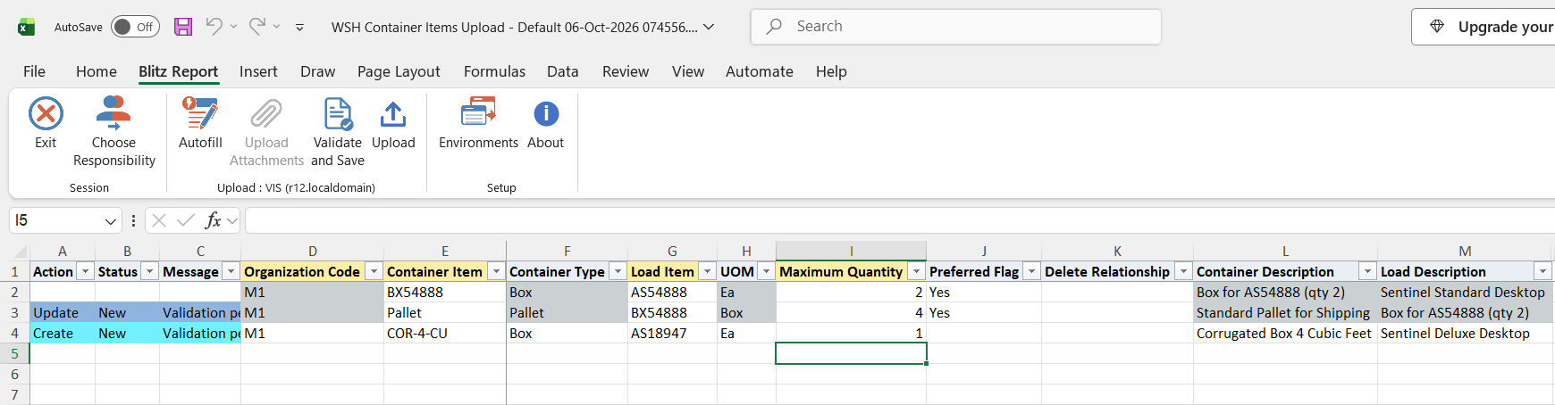 Excel file with the Maximum Quantity of the Pallet relationship changed to 4, marked Update, and a new relationship COR-4-CU containing AS18947 added, marked Create