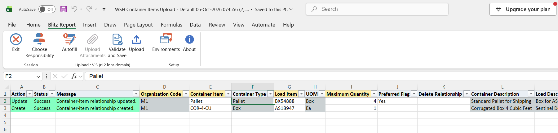 Result report showing the updated Pallet relationship and the created COR-4-CU relationship with status Success