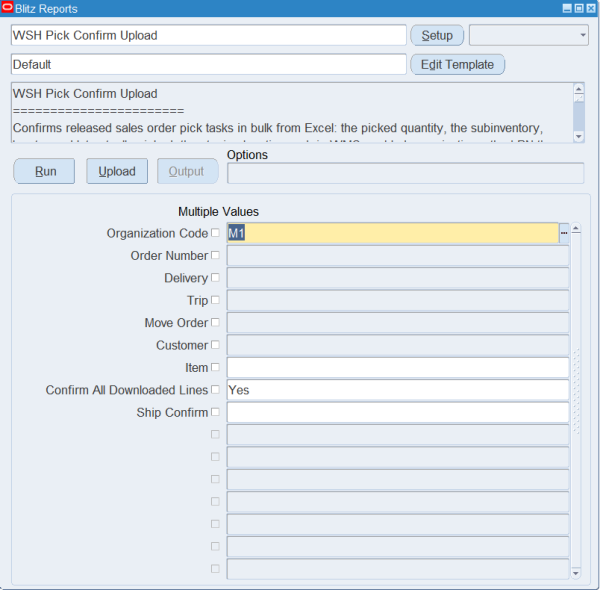 Blitz Report run screen for WSH Pick Confirm Upload with Organization Code M1 and Confirm All Downloaded Lines Yes