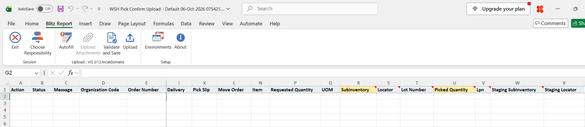 Excel file with the pick task columns, including the editable Subinventory, Locator, Lot Number, Picked Quantity, Lpn and staging location columns, here without open pick tasks