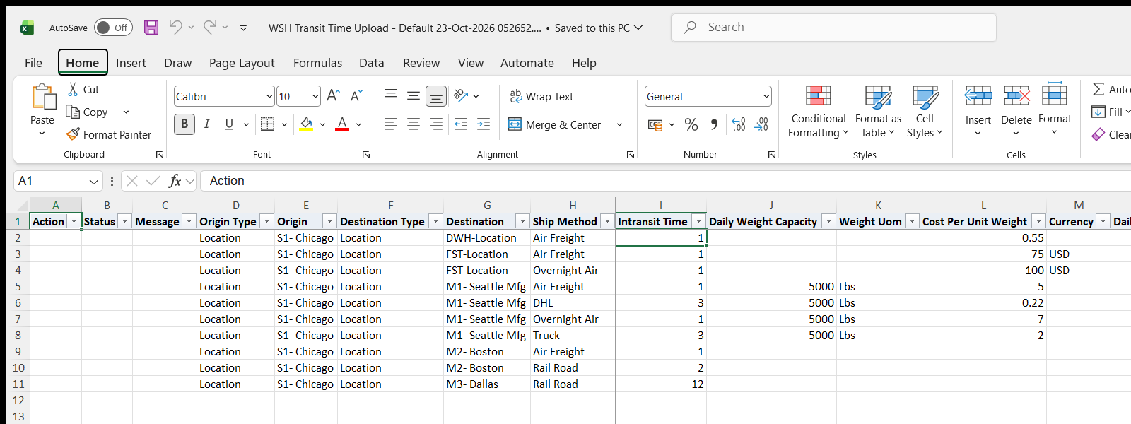WSH Transit Time Upload downloaded Excel file